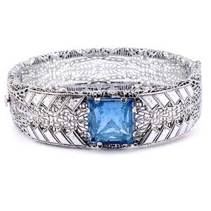 Antique Ostby & Barton Art Deco Sterling Silver Filigree Bracelet Blue Glass